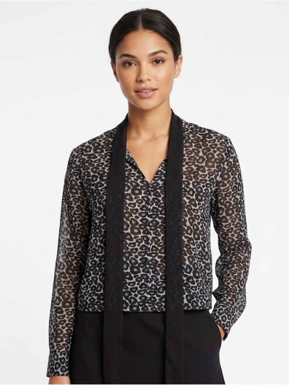 Leopard Print Tie-Neck Blouse in Black